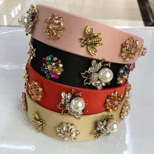 Baroque Big Rhinestone Headband Hairband for Women Girls Metal Bee Beads Flower Head Hair Accessories