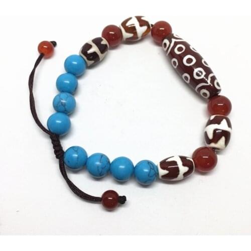Red Chalcedony Ajustable Bracelet 21 Eyes Dzi Bead Amulet with Turquoise Beads High Quality Bracelet Bring Good Luck