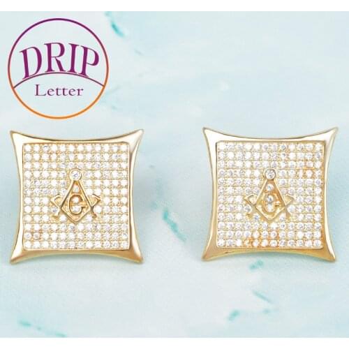 Gold Color Cubic Zircon Square Masonic Freemasonry Stud Earring 15mm For Men Hip Hop Jewelry For Gift