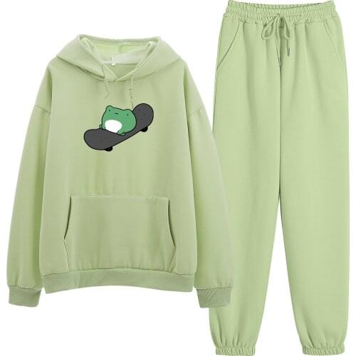 Cute Frog 2 Piece Set Tracksuit Women Hoodies 2021 Autumn Winter Print Tracksuits Womens Pullover Tops Thicken Warm Sport Suits