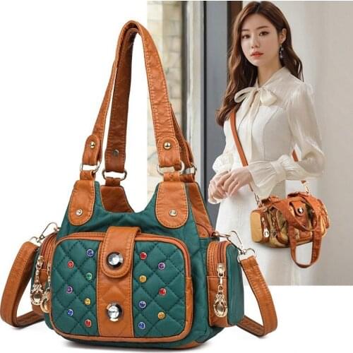 Diamond shoulder bag soft leather stitching handbag luxury designer design female bag 2021 summer new simple messenger bag