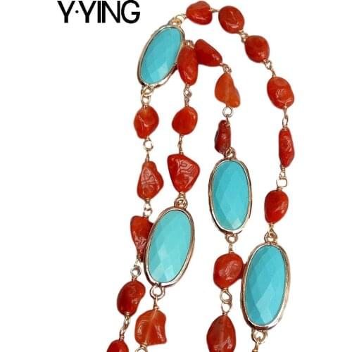 Y·YING Red Blood Agates Nugget Rosary Chain Blue Crystal Bezel Set Statetion Necklace 28"