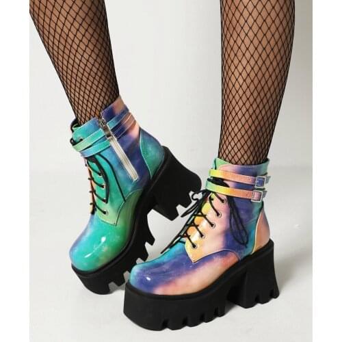 Bright Patent Leather Candy Color Mixed Color Female Heighten Shoe Personality Beautiful Square Toe Color Matching Mid-Calf Boot