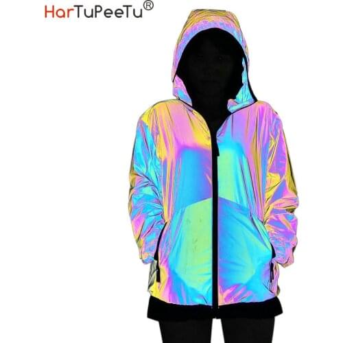 Women Autumn Hooded Reflective Jacket Rainbow Coat Hip Hop Rap Dance Plus Size Zipper Soft Fabric Girls Safe Wear Dropshipping