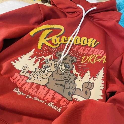 Vintage Cute Bear Cartoon Hoodie Women Hip Hop Oversized Sweatshirts Kawaii Teens Clothes 2021 Autumn New Harajuku Casual Tops