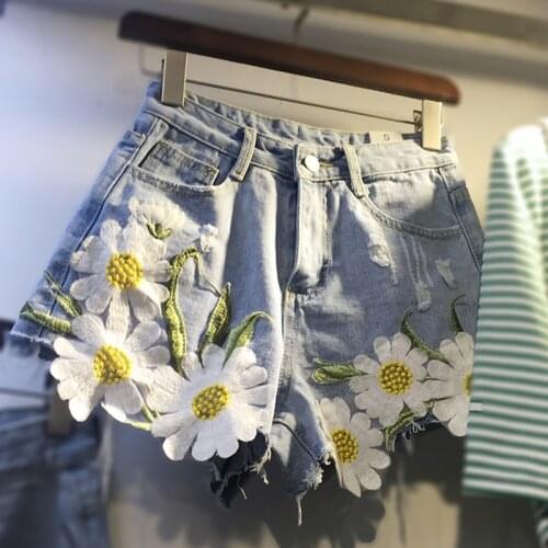 Floral Embroidery Denim Shorts Women Summer Plus size Wide leg Jeans Short Pants