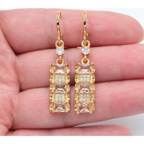 Gold Color Women Fashion Champagne Zirconia CZ Geometric Blocks Dangle Earrings Jewelry
