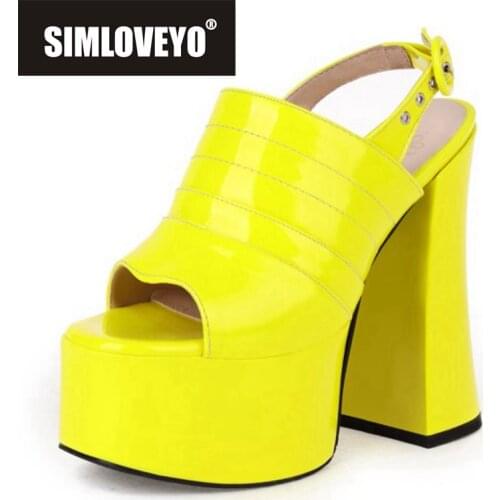 SIMLOVEYO New 2021 Women Sandals Square Toe 15cm High Block Heels Patent Leather Buckle Platform Punk Stylish Big Size 46 B2489