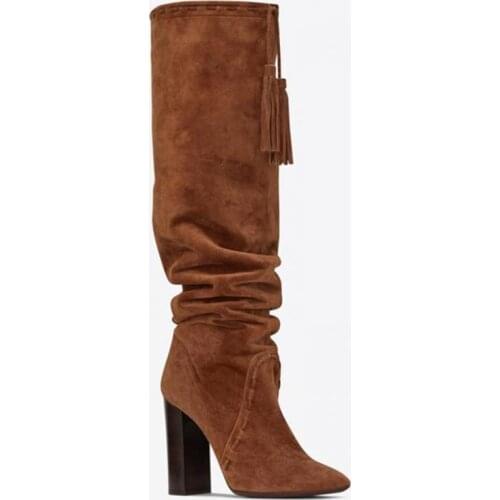 2021 Autumn Knee High Boots Quare Heel Brown Suede Long Boots Fringe Sheepskin High Heels Shoes Women Botas Mujer British Style