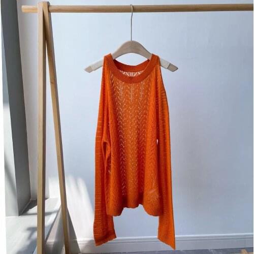 2021 Autumn Winter Womens Long Sleeve Cashmere Pullover Jacquard Off-Shoulders Hollow Out Sweater Runway Solid Pullover