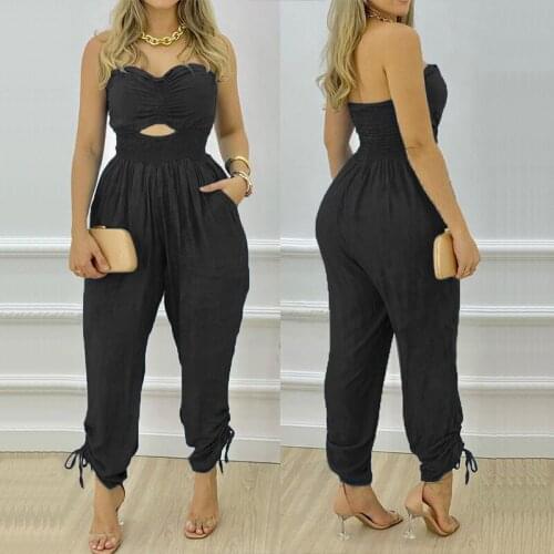 Sexy Strapless Elastic Wrap Rompers Overalls Women Elegant Backless Hollow Out Lady Jumpsuits Casual Drawstring Pants Playsuits