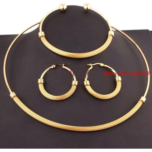 Cahrming On Sale Womens Fashion Gold color 316L Stainless Steel Mesh Design Choker Collar Bangle Earrings Set, Xmas Gift