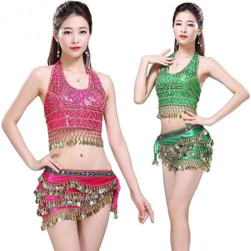 Women Sexy Belly Dance Top Bra & Beaded Belt 2 Pieces Belly Dance Costume Outfit Set Bras & Belt Female Bollywood Dance Clothes