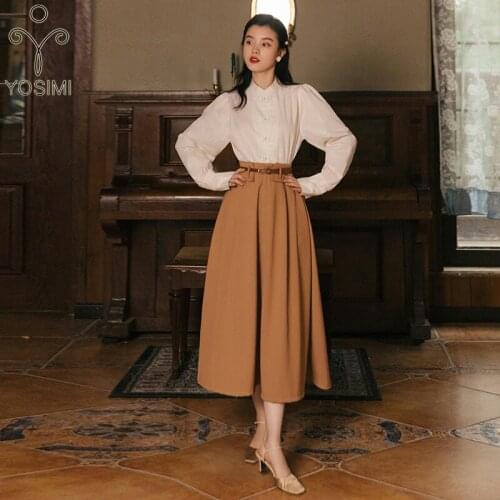 YOSIMI Women Skirt and Top Sets 2021 Autumn Long Sleeve White Shirt Blouse and Khaki Mid-calf Skirt Set Women 2 Piece Set Suit
