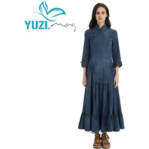 Dress Women 2018 Yuzi.may Boho New Autumn Vintage Denim Women Dresses Mandarin Collar A-Line Elegant Long Vestido Feminino A5231