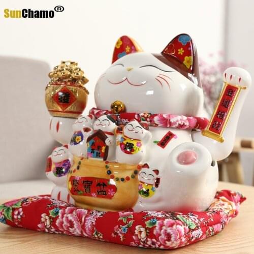 10 Inch Lucky Cat Furnishing Piggy Bank Maneki Neko Electric Wave Rich Shop Gift Chinese Good Fortune Sunchamo