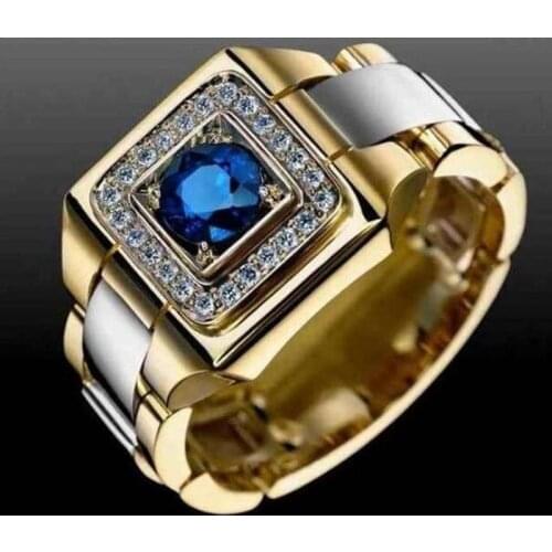 AMORUI Blue Crystal Hip Hop Men Rings Gold Color Cubic Zirconia Two Tone Design Rings For Party/Wedding