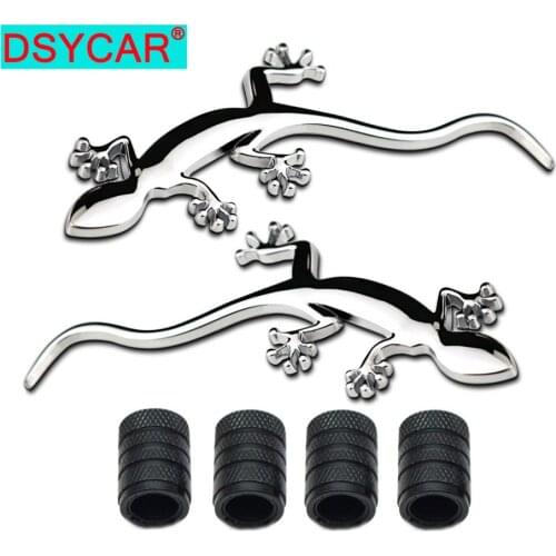 Dsycar 1Pair 3D Metal Gecko Logo Car Badge Emblem Sticker +4Pcs Knurled Style With Plastic Core Valve Caps for Universal Car