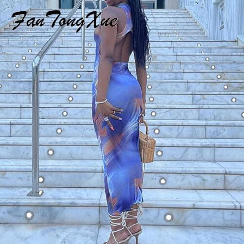 Elegant Dresses for Women 2021 Summer Paisley Tie Dye Print Backless Sexy Dress Skinny Sleeveless Bodycon Party Long Dress Women