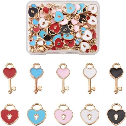 100Pcs Enamel Heart Lock Charms Love Heart Key Pendants Ight Gold Plated for DIY Earring Necklace Valentine Day Gift Making
