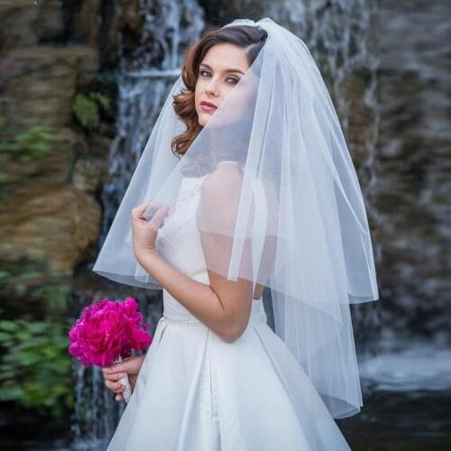 Top Sale Cut Edge Two Tier White Ivory Puffy Tulle Bridal Veil Fingertip Length Tulle Simple Wedding Bridal Veil + Comb
