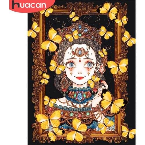 HUACAN Full Square/Round Diamond Art Painting Cartoon Girl Diamond Mosaic Butterfly Cross Stitch Living Room Decoration