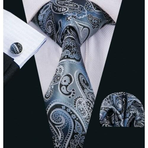 LS-1510 Barry.Wang Classic Men`s Tie 100% Silk Blue Paisley Necktie Hanky Cufflink Set For Men`s Wedding Party Business
