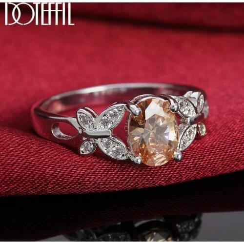 DOTEFFIL 925 Sterling Silver AAA Zircon Crystal Champagne/Red Butterfly Ring For Women Fashion Wedding Party Gift Charm Jewelry