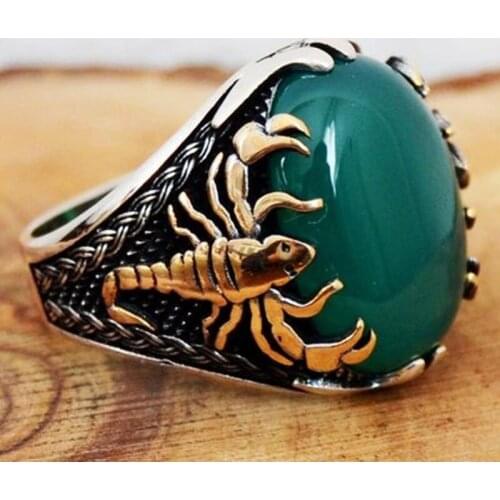 Retro Gothic Style Punk Scorpion Green Black Stone Ring Male Gold Scorpion Pattern Wedding Rings for Men Hip Hop Turkish Jewelry