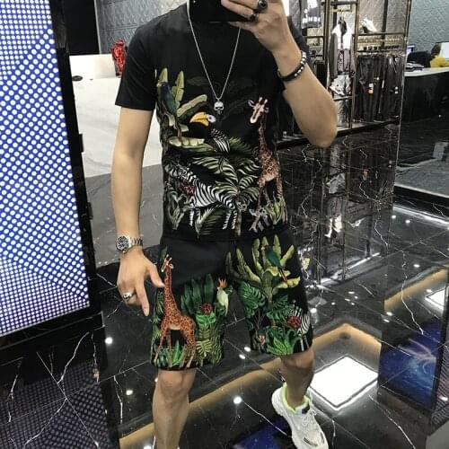 Summer mens designer slim round neck short sleeve suit (T-shirt+pants) High quality slim casual mens suit