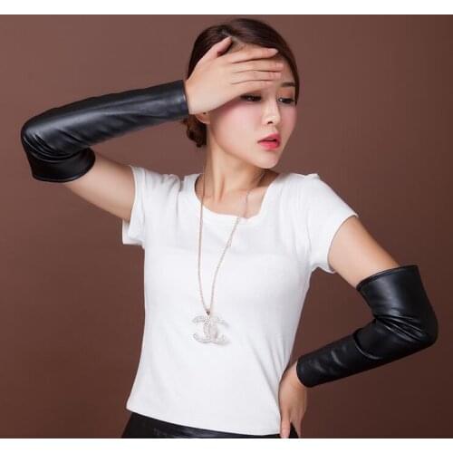 Leather cuff gloves female long section thin section pu leather ladies thick warm arm sleeves