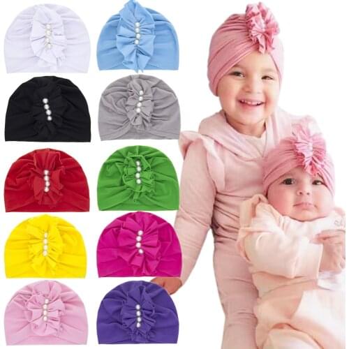 2021 Lace Flower Hat for Newborn Baby Girls Infant Bebes Hospital Hats Pearls Cockscomb Elastic Cap Head Hoop Baby Beanie