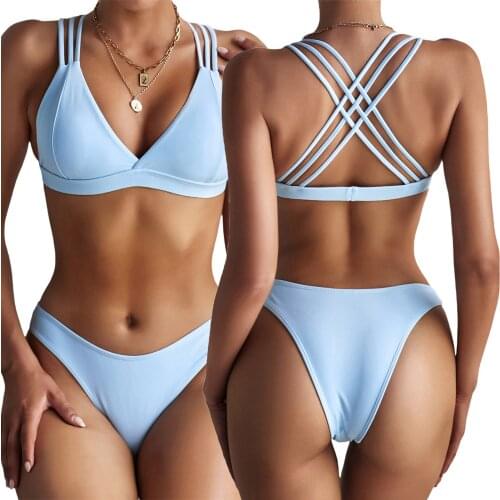 2 Pieces Bathing Suit Female Swimsuit Solid Color Padded Bikini Tops Bikini Panties for Summer Blue Navy Blue Swimwear