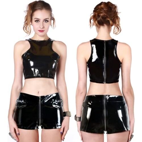 Summer Sexy Adult Womens Black Faux Leather PVC Crop Top Wetlook Open Crotch Shorts Set Clubwear Costumes