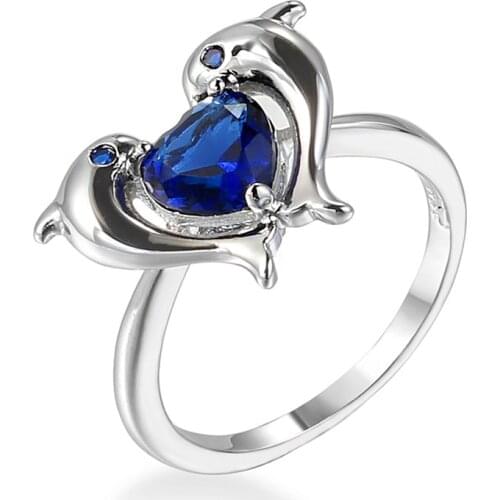 Sweet Cute Dolphin Ring Romantic Female Wedding Heart-shaped Crystal Ring Fashion Valentines Jewelry Gift