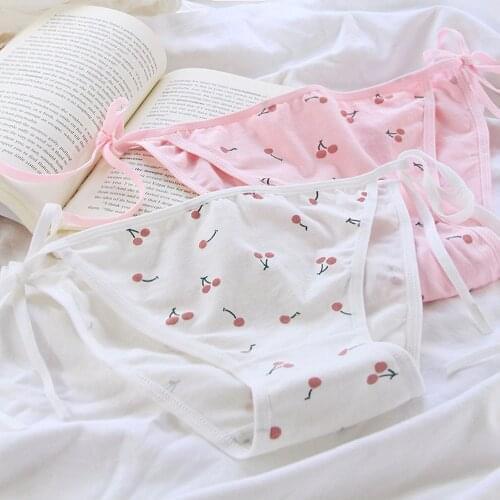 NEW Womens Underwear Cherry White Pink Seamless Panties For Women DIY Tie Bow Kawaii Lingerie For Loli Girl