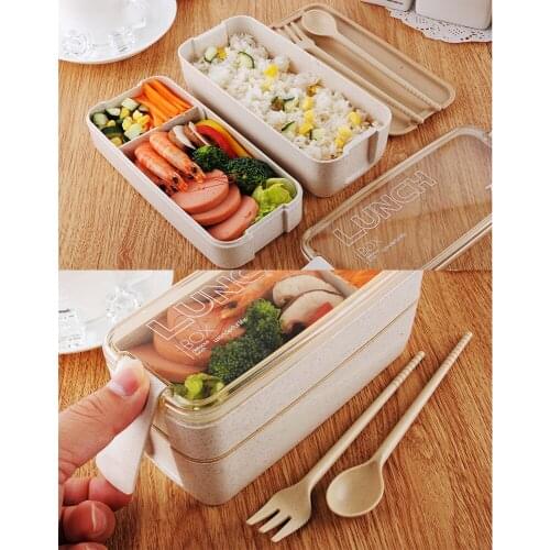 With Spoon Fork Eco-Friendly BPA Free Lunch Food Container Lunch-box Large Capacity Double/Triple Layer Microwave Fridge Safe