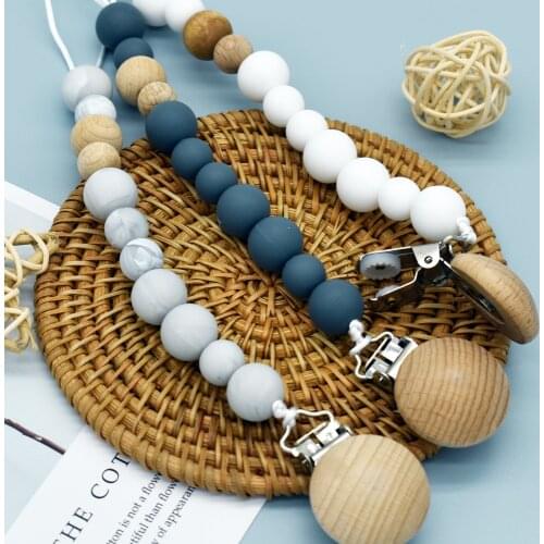 Food Grade Silicone Beads Pacifier Clips Chain Beech Wood Nipple Holder Infant Soother Teether Baby Accessories