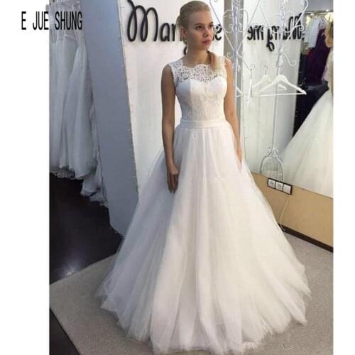 E JUE SHUNG Princess Backless Wedding Dresses A-Line Square Collar Wedding Gowns Simple Lace Bridal Dresses robe de mariee