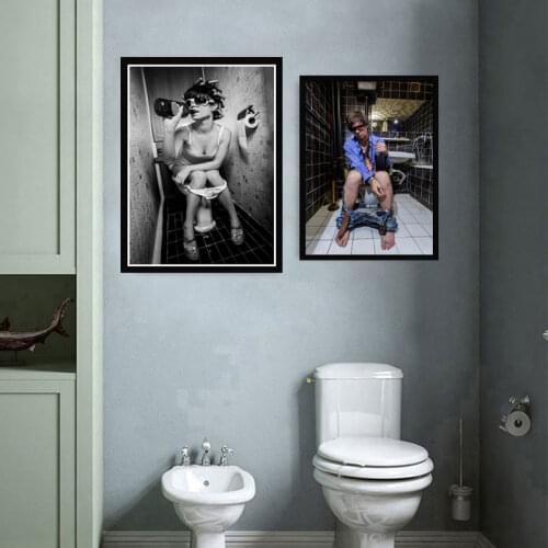 Toilet Sexy Woman Man Smoking and Drinking Black White Canvas Painting Poster Prints Cuadros Wall Art Picture for Living Room