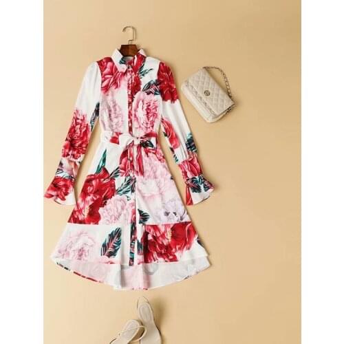 European and American womens clothing 2021 New Style for Spring Long sleeve lapel peony floral print Fashion dress