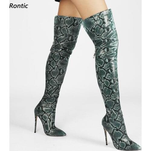 Rontic New Women Winter Over Knee Boots Back Zipper Snake Stiletto Heel Pointed Toe Blue Green Brown Red Party Shoes Size 5-15