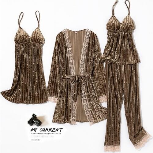 Casual Nightwear Lady 4PCS Pajamas Set Velour Sleepwear Nightwear Autumn Winter Sleep Set Bathrobe Sexy Velvet Pyjamas Homewear