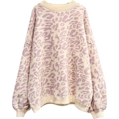 2021 Round Neck Oversize Sweater Jumpers Casual Leopard Korean Pull Femme Autumn Winter Women Leopard Pullover and Sweaters New