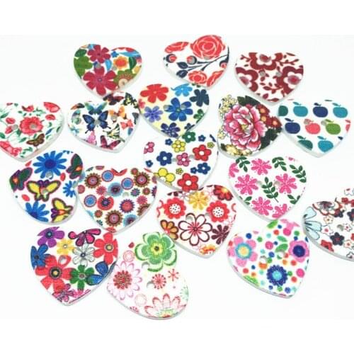 20pcs 25x22mm Mixed Flowers Florals Wood 2 Holes Heart Buttons Sewing Scrapbooking Decorative Button Wedding Crafts