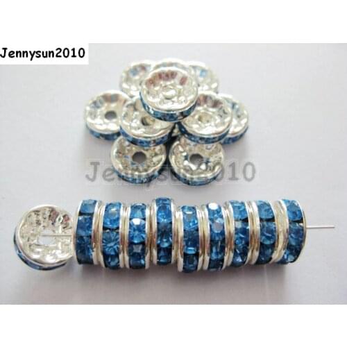 200pcs/lot 7mm Top Quality Czech Crystal Light Blue Rhinestone Pave Rondelle Metal Silver Plated Spacer Loose Beads Jewelry