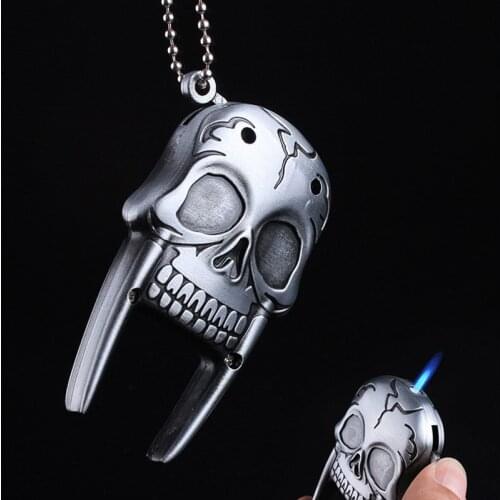 3D Skull Shape Cigarette Lighter Creative Refillable Windproof Jet Butane Gas Lighters with Portable Key Chain