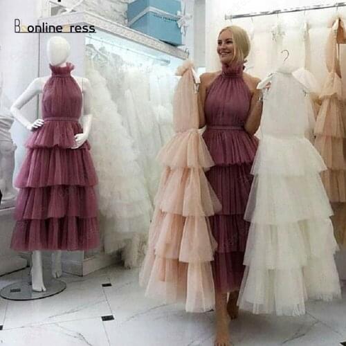 Bbonlinedress Tulle Prom Dresses 2020 White Pink Black Custom Made Tea Length Elegant Women Formal Party Gown vestido de festa