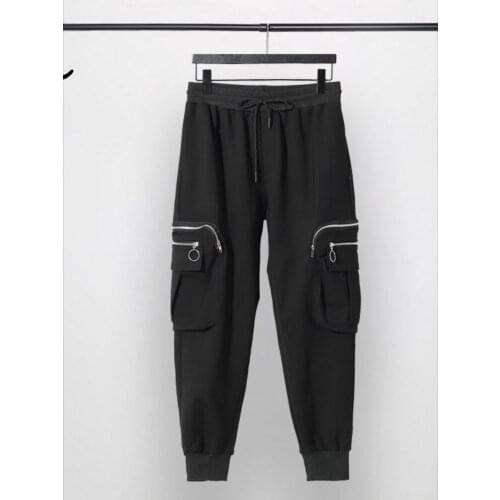 Autumn and winter mens solid color elastic waist zipper pocket stitching small foot pants sports pencil pants
