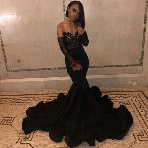 Black Girl Black Prom Dresses 2020 Mermaid Off The Shoulder V Neck Long Sleeve African Girls Gala Party Gowns